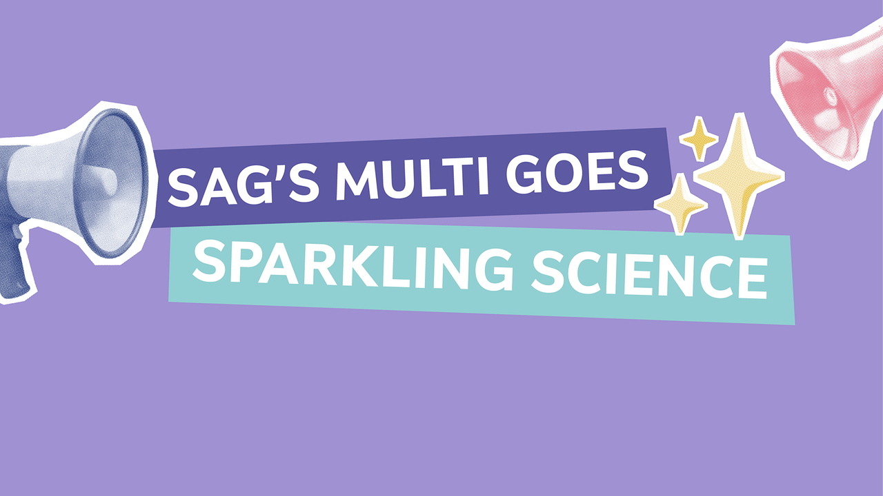 Schriftzug Sag´s Multi goes Sparkling Science